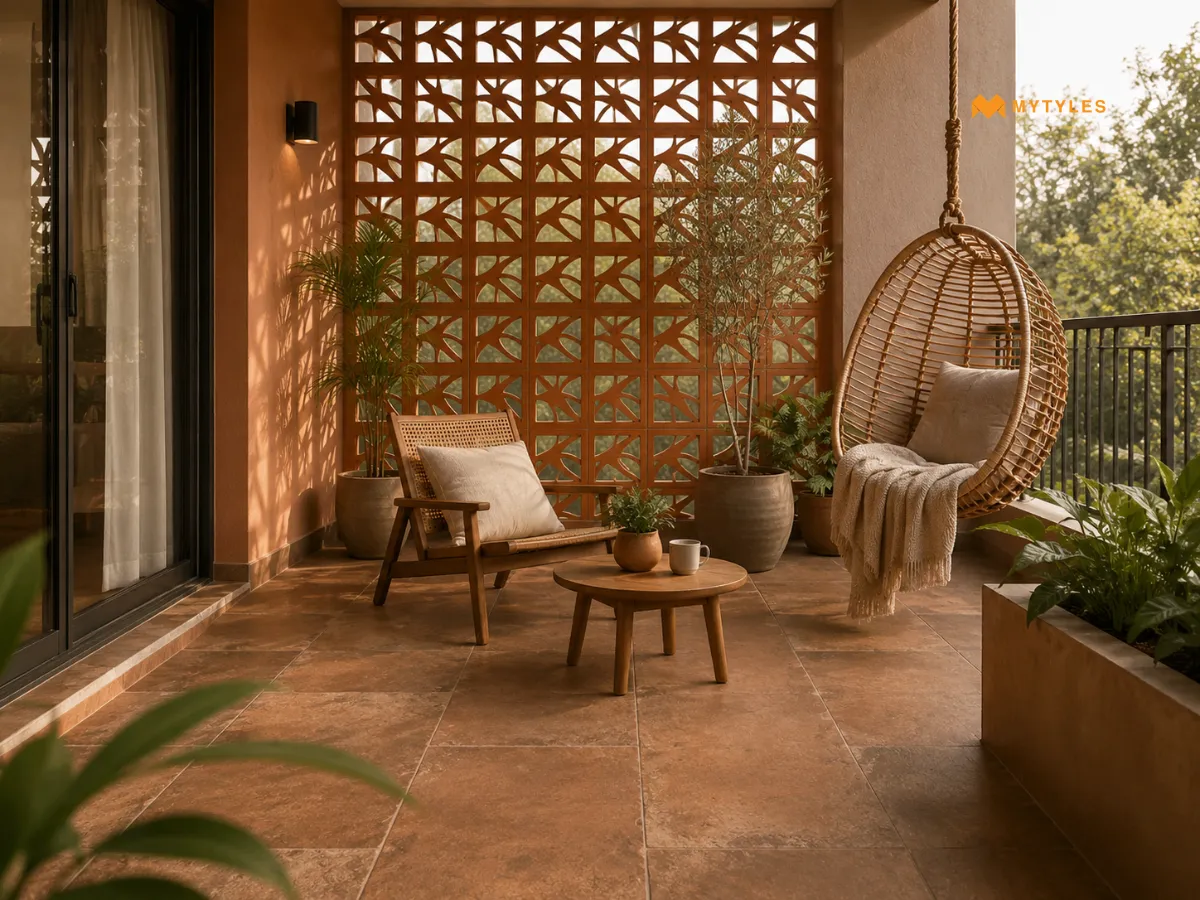 Terracotta Jali with Rustic Floor Tiles for an Earthy Sit-Out